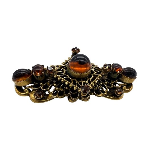 Vintage Original By Robert Amber Glass Cabochon Filigree Bar Brooch Rhinestones - Picture 9 of 9